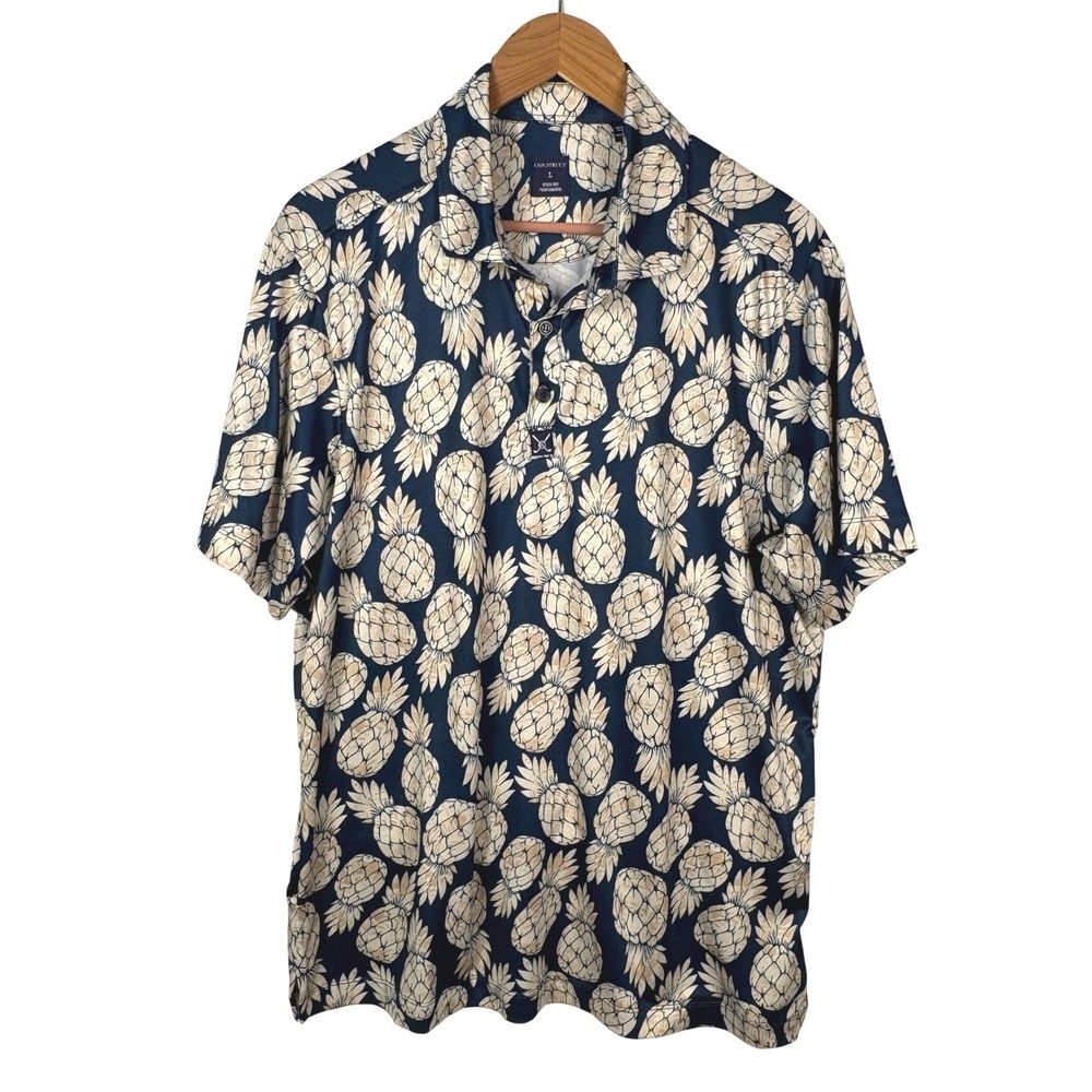 Con.Struct Mens Quick Dry Performance Golf Polo Shirt Sz L Navy Pineapple Island